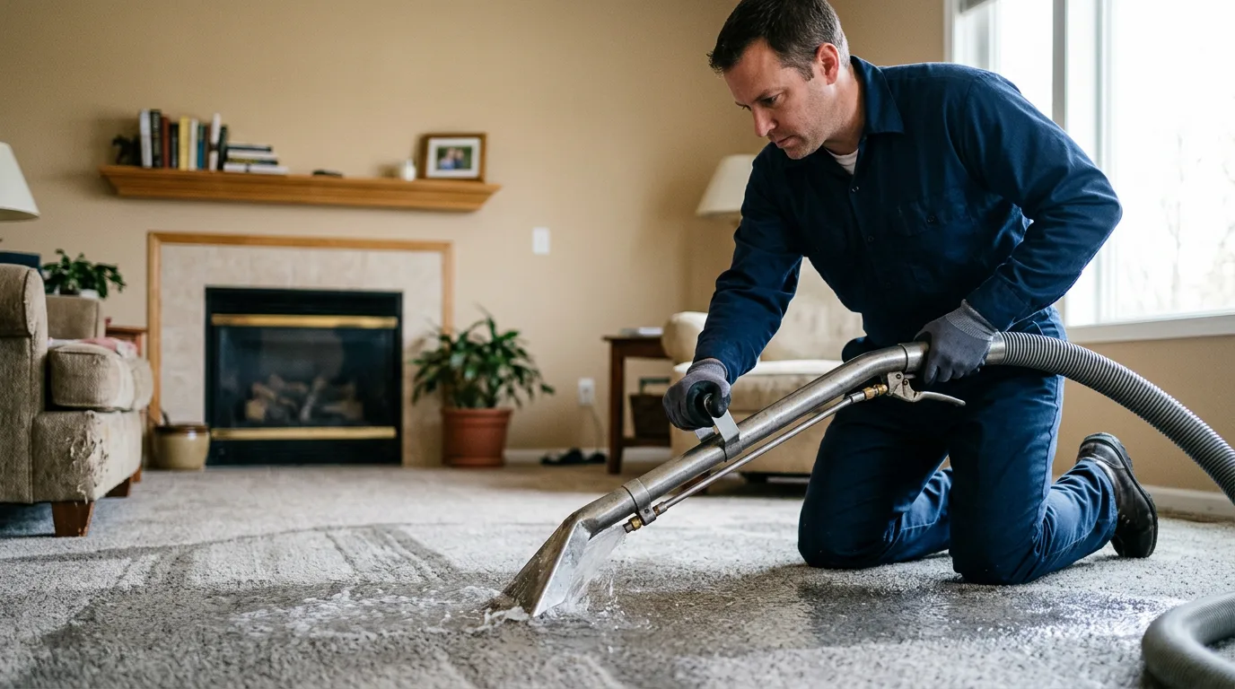 Water damage restoration technician working near Claremont, IL